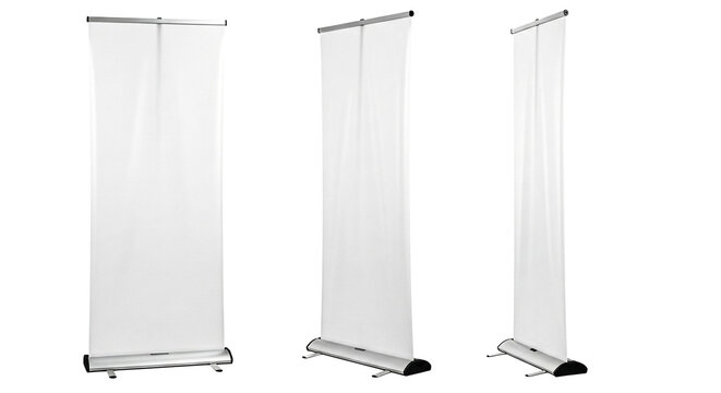 Set of three white retractable roller banners with black bases, perfect for promotional displays and events. Sleek design. - Powered by Adobe