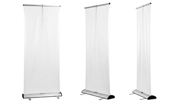 Set of three white retractable roller banners with black bases, perfect for promotional displays and events. Sleek design.