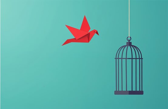 Red origami bird flies away from open cage. Minimalist graphic shows freedom and happiness concept. Paper animal escapes captivity. Joyful journey begins on turquoise background.