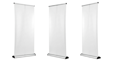 Set of three blank retractable roller banners with black bases, ideal for advertising, promotions, and trade shows.