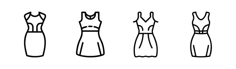 Collection of four simple sketch drawings of women's dresses showing different styles and cuts