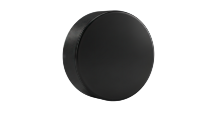 Glossy Black Hockey Puck Isolated on Transparent Background with Detailed Textured Edge and Smooth Surface Reflecting Subtle Light