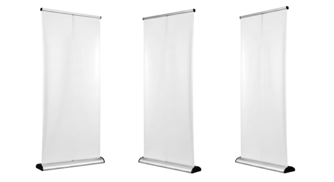 Set of three blank retractable roller banners with black bases, ideal for advertising, promotions, and trade shows.