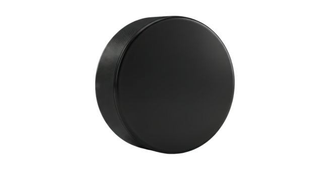 Glossy Black Hockey Puck Isolated on Transparent Background with Detailed Textured Edge and Smooth Surface Reflecting Subtle Light - Powered by Adobe