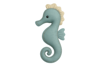 Soft blue seahorse plush toy with cream mane, stitched detailing, and curled tail