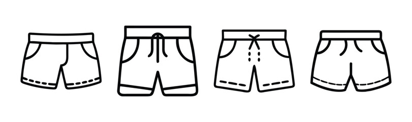 Collection of four outline drawings of men's casual shorts with elastic waistbands and pockets