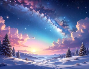 A serene winter scene with snow-covered trees and hills, under a vibrant starry sky and colorful clouds, at dusk