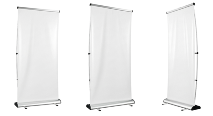 Set of three retractable roller banners shown from front and side views, featuring sleek design and white fabric panels. 