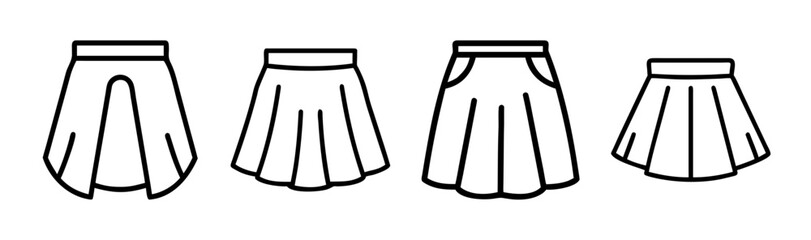Four different skirt styles illustrated in a simple outline fashion drawing