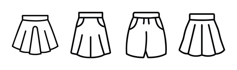 Collection of four simple line art drawings of skirts and shorts for fashion design