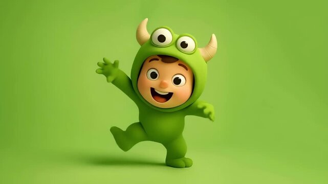 A happy Dancing Boy Dressed as a Green Monster Dancing