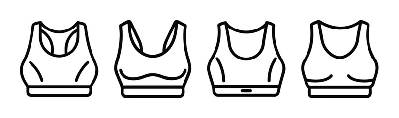 Four different styles of sports bras shown in outline graphics for athletic wear