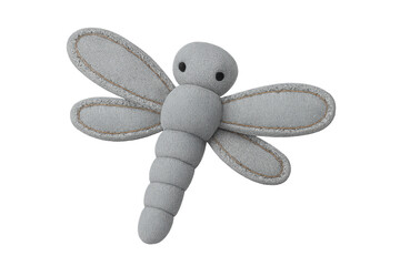 Soft gray felt dragonfly plush with segmented tail and four stitched wings