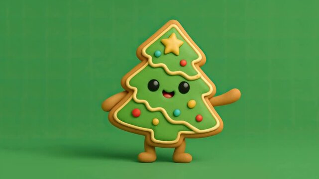 Happy Dancing Christmas Tree Cookie Dancing on a Green Background 