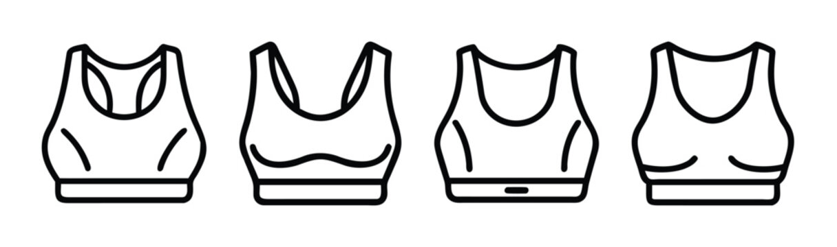 Four different styles of sports bras shown in outline graphics for athletic wear