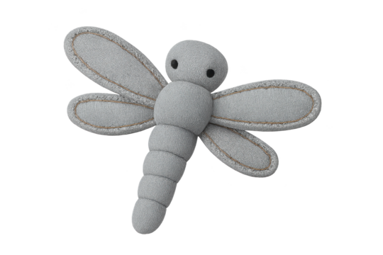 Soft gray felt dragonfly plush with segmented tail and four stitched wings