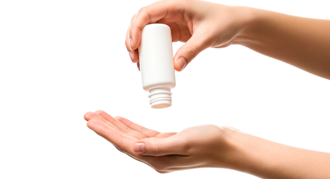 Image shows a hand squeezing liquid hand sanitizer from a small bottle into an open palm, highlighting hygiene practices.