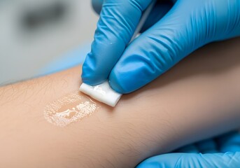 A close-up of a gloved hand cleaning an area of skin on an arm with an alcohol swab before an injection, leaving a wet, clean trail for antisepsis.