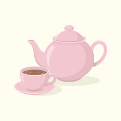 Pink teapot and cup with saucer. Teatime set vector illustration.