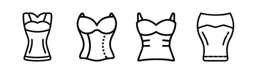 Collection of four line art fashion icons featuring different tube tops and corset styles