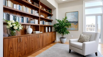 Home library reading nook with bookshelf and armchair