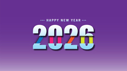 A vibrant and modern design celebrating the upcoming year 2026 with colorful numbers on a purple background