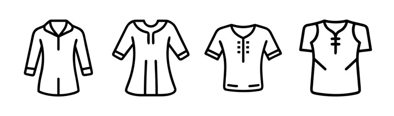Set of four different tunics and tops with unique collar designs and sleeve lengths for versatile apparel graphics