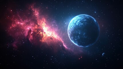 Obraz premium A vast, vibrant cosmic nebula bathed in crimson light, juxtaposed with a serene, blue planet under a starry expanse