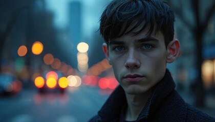 Serious young man with blue eyes stands alone on city street at night. Looks intently at camera with focused expression. Urban background shows blurred traffic lights, skyscrapers creating cinematic