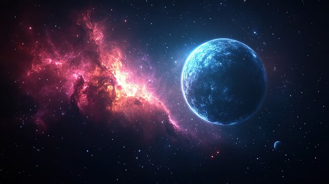 A vast, vibrant cosmic nebula bathed in crimson light, juxtaposed with a serene, blue planet under a starry expanse