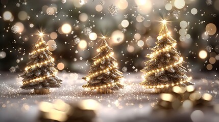 Dark elegant holiday backdrop featuring glowing tree lines surrounded by floating light particles