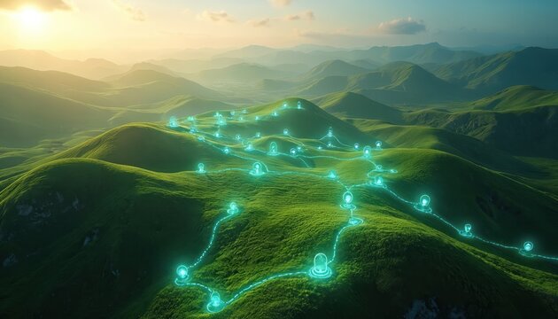 Aerial view presents network markers over green hills landscape. Digital connectivity nodes joined by glowing lines. Communication concept future tech, planning, networking rural areas. Data