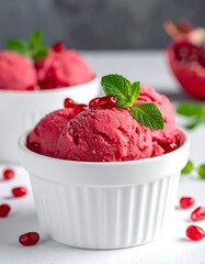 Close-up shot of ruby-colored dessert scoops in white bowls, garnished with mint and pomegranate seeds, with partial fruit