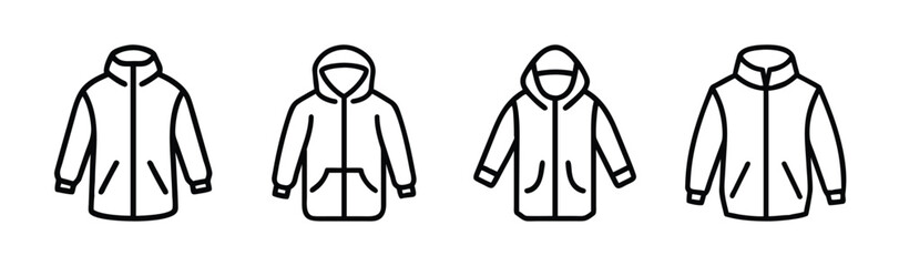 Collection of four hooded zipper windbreaker jackets sketch style outline four variations apparel