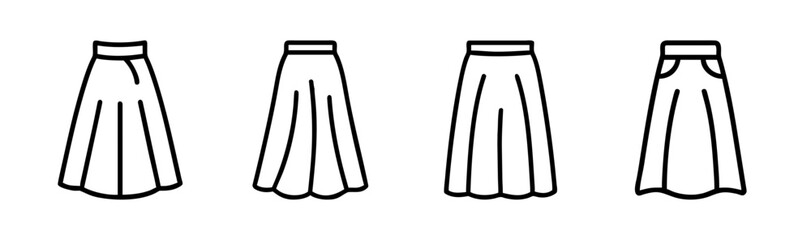 Four different pleated skirt designs featuring a waistband and flared hemline