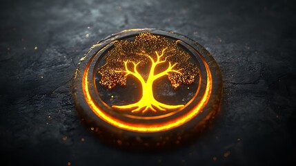 Dark elegant surface with glowing golden tree design surrounded by shimmering fine glitter details