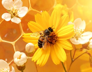 Close-up showing a bee on a yellow flower with white blossoms around it, honeycombs, and sunlight