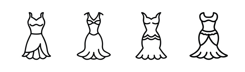 Four sketchy mermaid style dresses featuring different skirt designs and bodice details