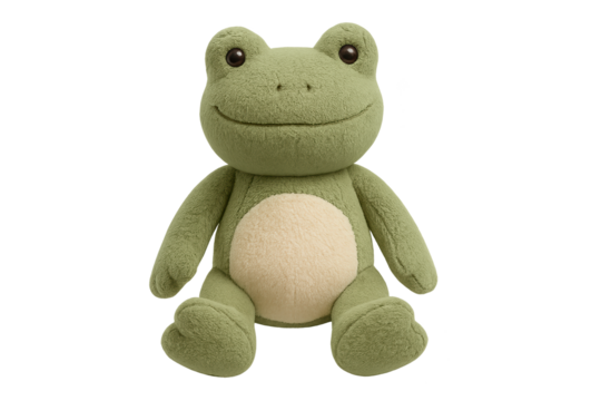 Plush green frog toy with beige belly, seated and smiling