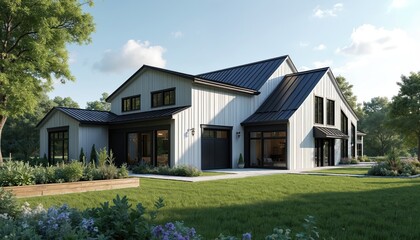 Modern farmhouse with white vertical siding and black metal roof. Large windows let light into airy interior. Lush green lawn and garden surround property.