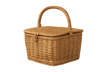 Rustic woven wicker basket with lid and sturdy arching handle