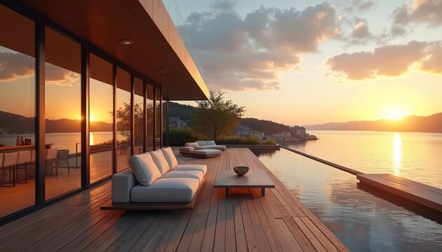Modern penthouse terrace with infinity pool overlooking lake at sunset. Contemporary furniture on wooden deck provides luxury outdoor living space. Scenic mountain backdrop.