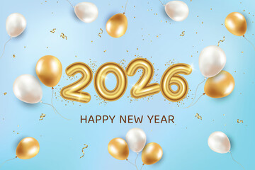 2026 New Year Premium Text With Floating Balloons On Blue Background. New Year's Eve Clearance Sale Offer Theme Vector Illustration For Greeting, Invite Card, Website, Banner, Poster, Flyer, Etc.