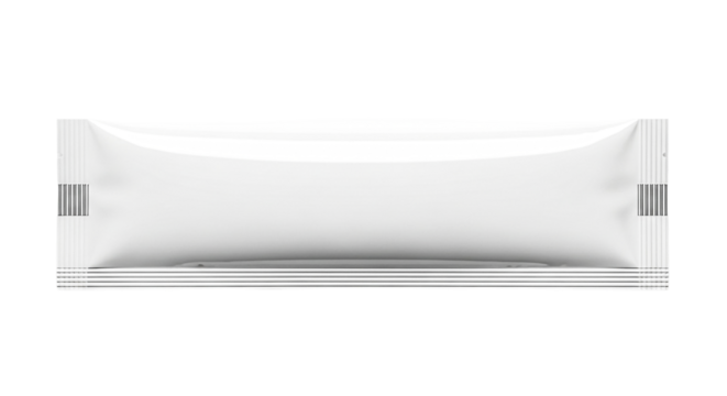 Blank sachet packet with tear-off edges, ideal for liquid, powder, or granulated product packaging solutions. Clean design.