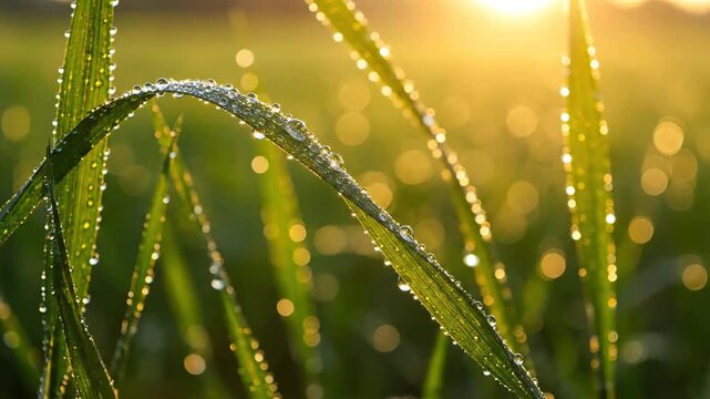 Close-up of wet grass with dew drops during sunrise, golden light