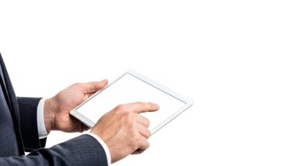 A person in business attire holding and interacting with a tablet, showcasing professional use of technology. 