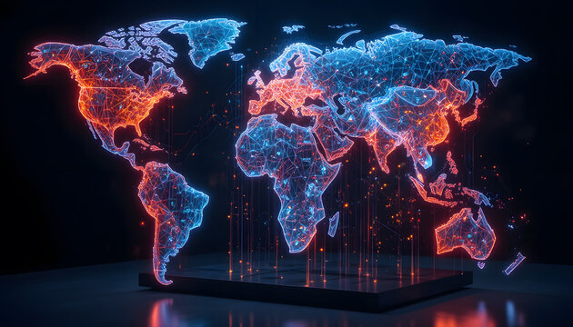 Glowing Digital Mesh World Map with Global Data Connections and Hotspots in Red and Blue.