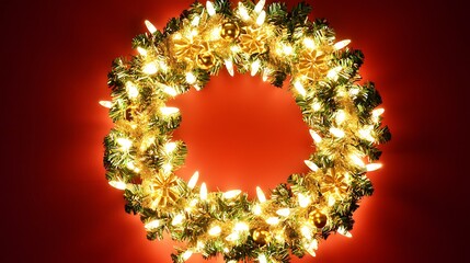 Luxury red background with golden wreath illuminated by warm festive ambient light