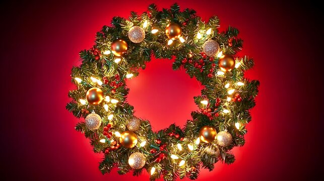 Luxury red background with golden wreath illuminated by warm festive ambient light