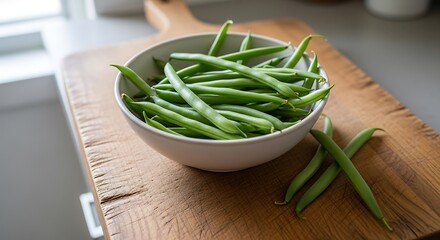 Fresh green beans in a bowl on wooden cutting board, kitchen scene